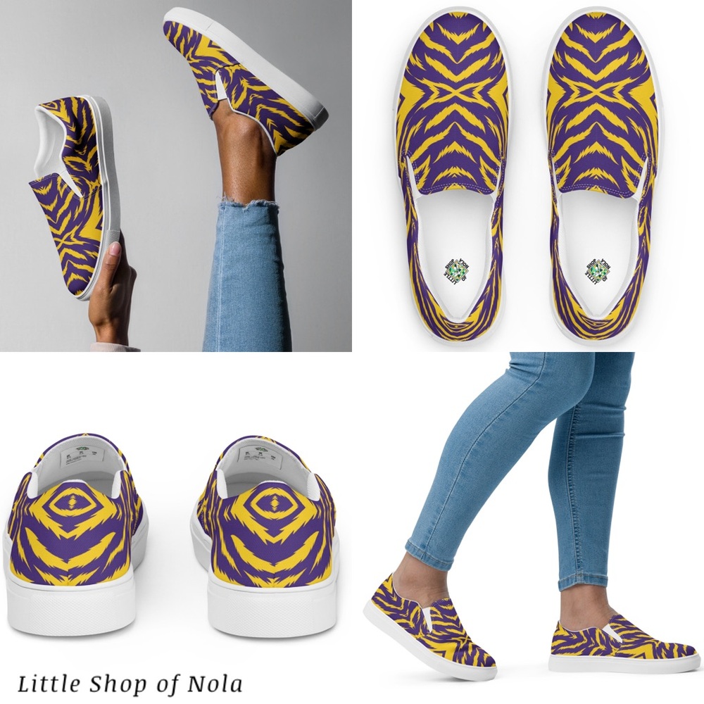 NEW Purple Gold Tiger Stripes Game Day Womens Comfy Slip On Shoes - Picture 12 of 16